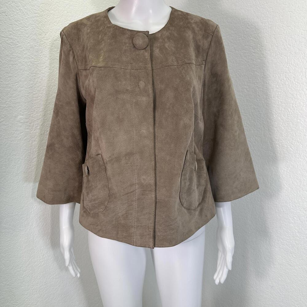 Vtg Sz M Tan Suede Swing Jacket Cropped Sleeve Snaps Button Accent Y2K